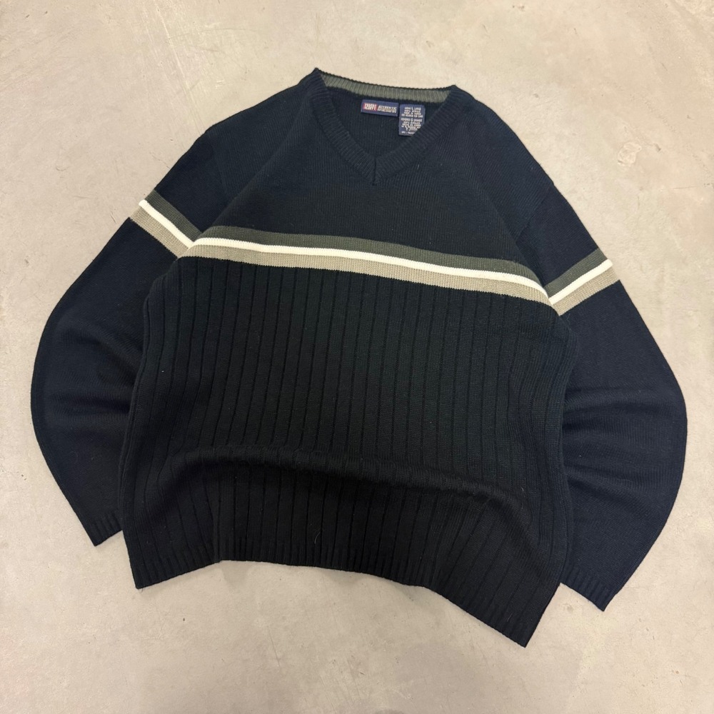Vintage Faded Glory Mens V-Neck Ribbed Striped Sweater Navy Blue Large